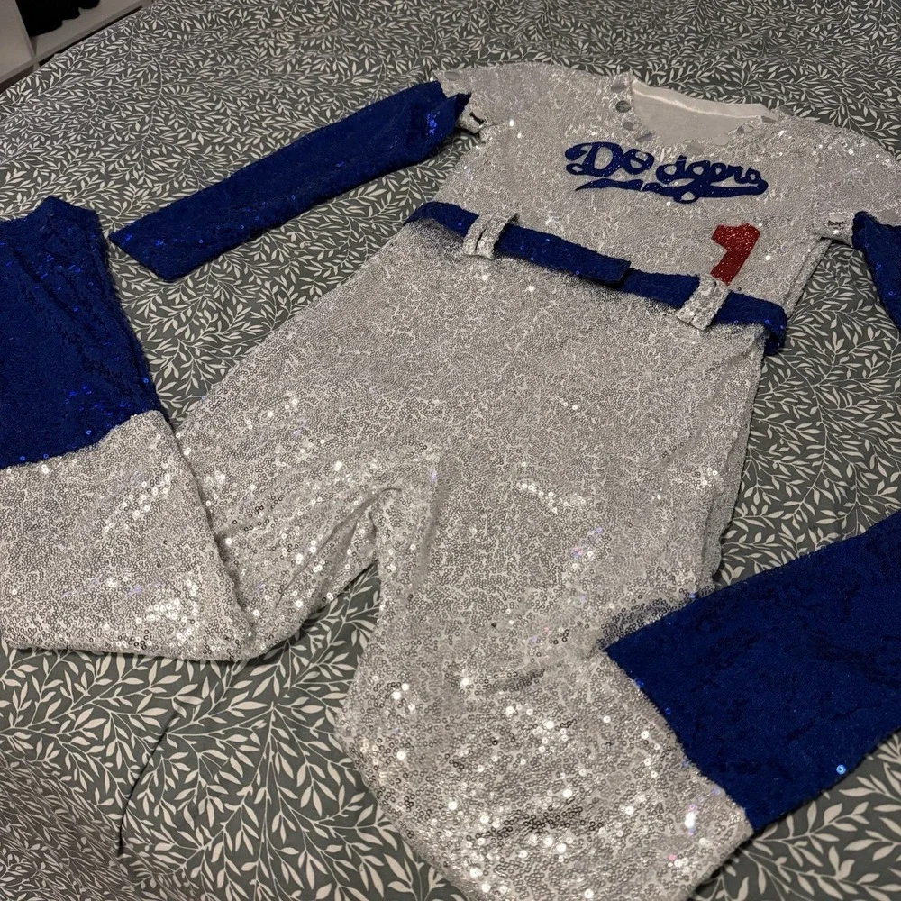 Elton John Dodgers Sequin Costume Jumpsuit Baseball Rocketman Women XS Youth XL